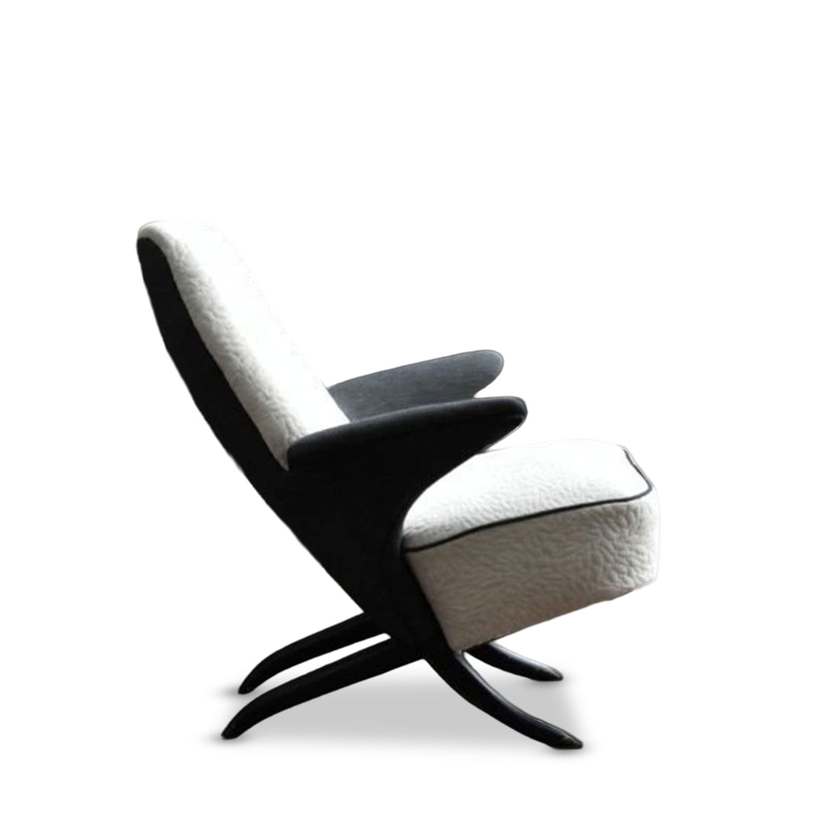 Artifort Penguin fauteuil refurbished met nieuwe Kvadrat bekleding, close-up van zijkant